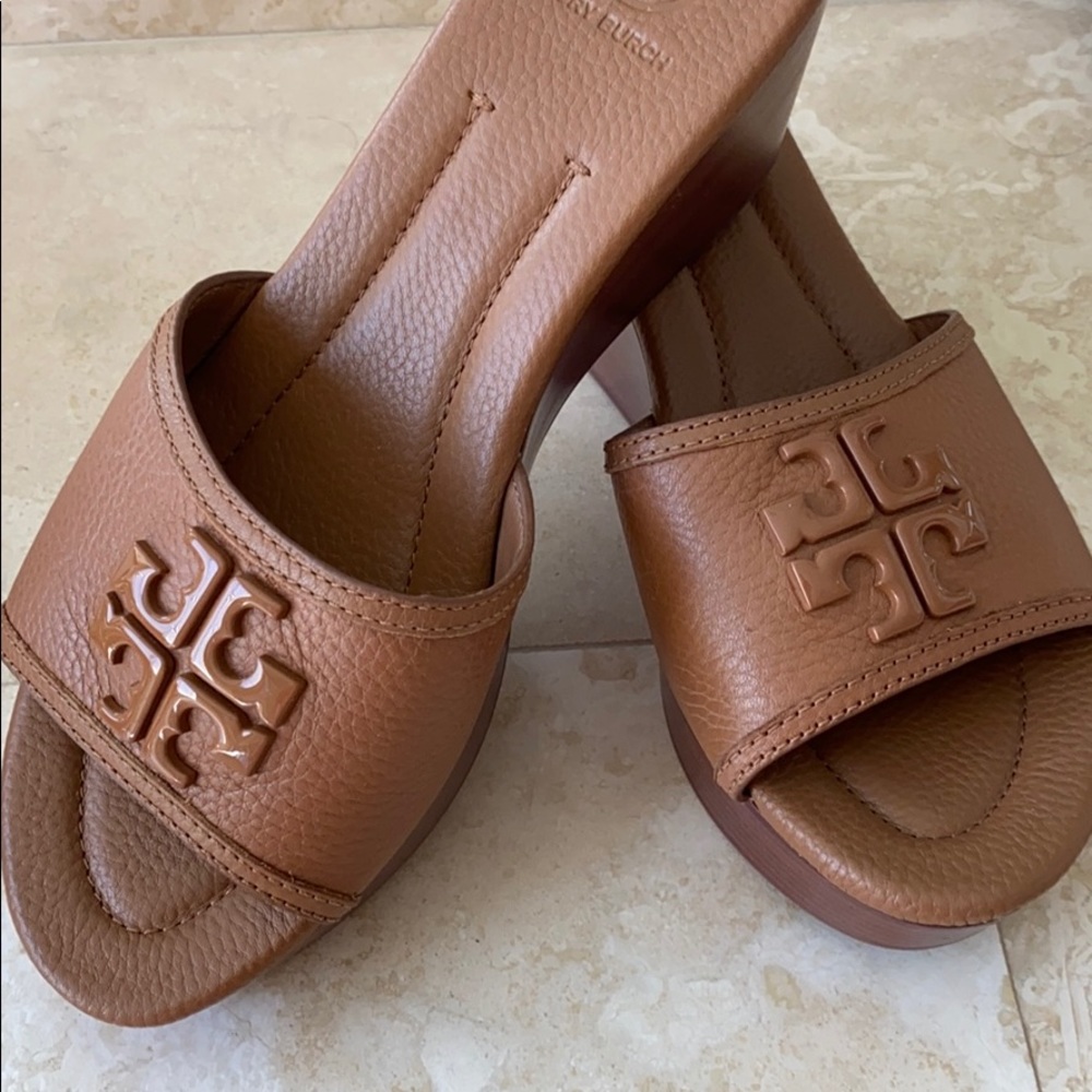 Tory Burch Tan Lowell Wedge Slides